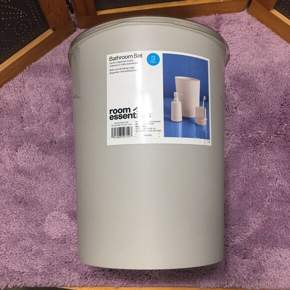 3 Pc Bathroom Set Gray Soap Dispenser Toothbrush Holder Trash Can Dorm room - Picture 6 of 6